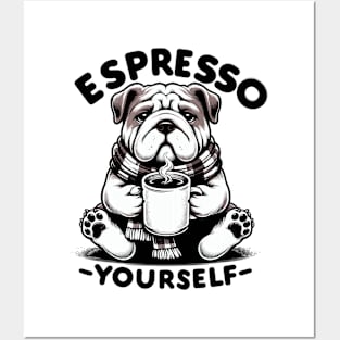 "Warm Espresso Bulldog - Cozy Coffee Humor" Posters and Art